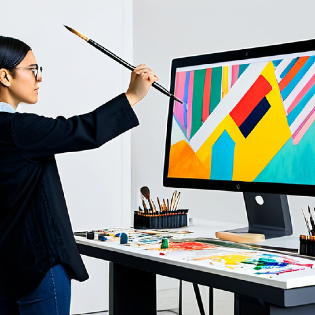 AI Artist at Work**

"A modern art studio, fully clothed artist (gender neutral, appropriate attire), standing in front of a large screen displaying an AI art generation interface, colorful abstract artwork visible on the screen, brushes and traditional art supplies scattered on a nearby table, safe for work, professional, perfect anatomy, correct proportions, well-formed hands, natural pose, high quality, appropriate content, modest clothing."

**