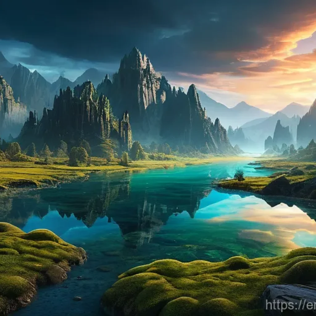AI 예술과 게임 디자인 - **Prompt:** A breathtaking, expansive fantasy landscape generated by AI for a video game. Towering, ...