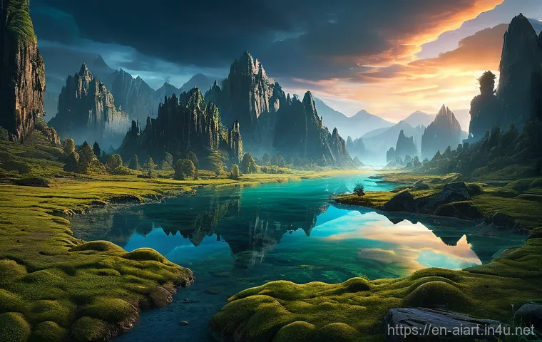 AI 예술과 게임 디자인 - **Prompt:** A breathtaking, expansive fantasy landscape generated by AI for a video game. Towering, ...