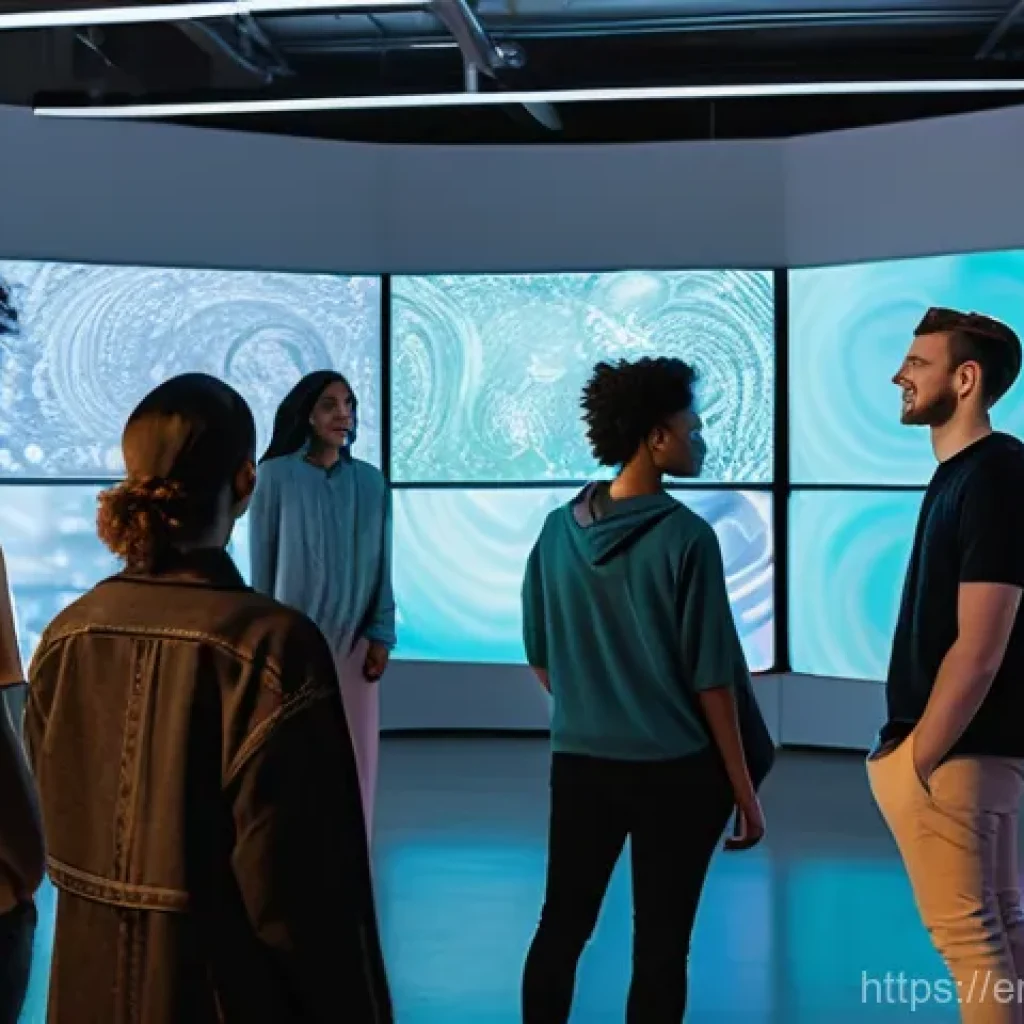 AI 예술과 텍스트 기반 창작 - "A diverse group of young adults, dressed in casual, modern clothing, are gathered around glowing di...