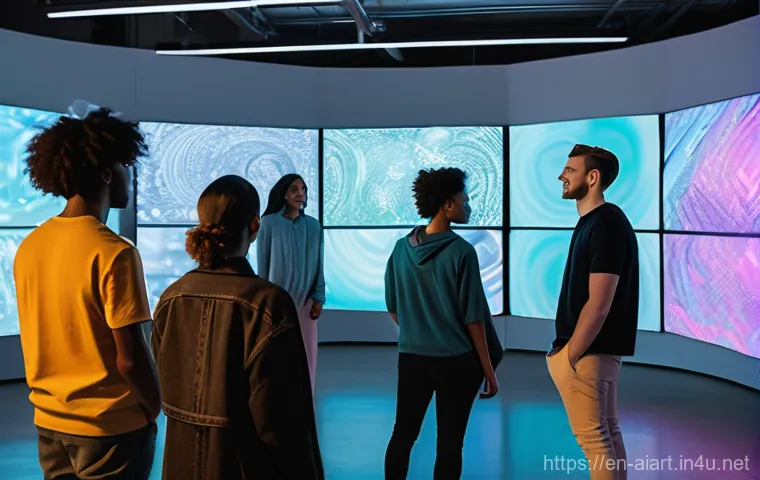 AI 예술과 텍스트 기반 창작 - "A diverse group of young adults, dressed in casual, modern clothing, are gathered around glowing di...