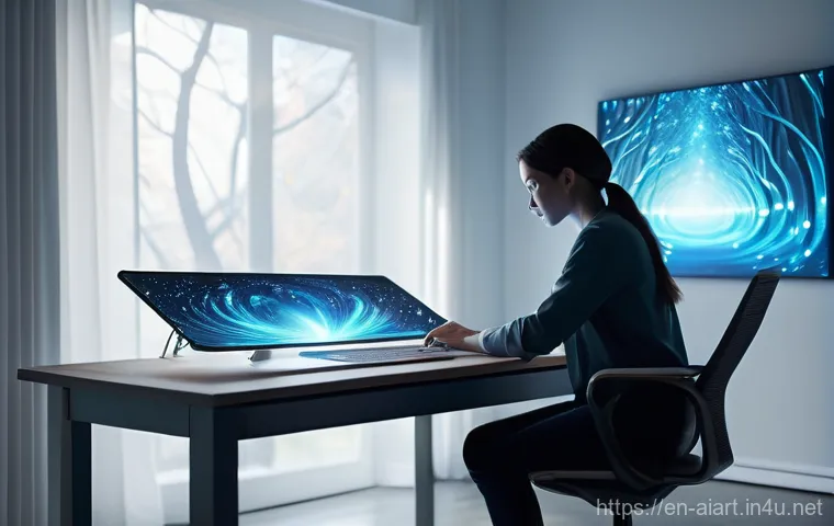 AI 예술과 텍스트 기반 창작 - "A diverse group of young adults, dressed in casual, modern clothing, are gathered around glowing di...