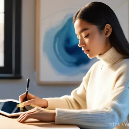 AI 예술과 인간 협업 - **"Creative Synergy in a Digital Studio"**
    A young artist, female, in her late 20s, with a thoug...