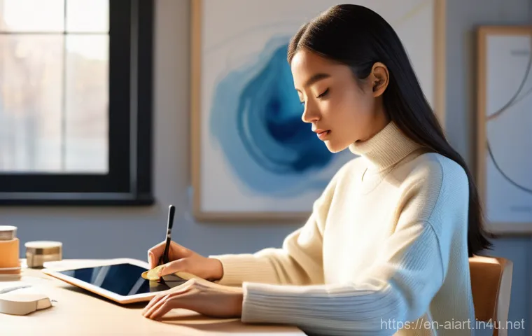 AI 예술과 인간 협업 - **"Creative Synergy in a Digital Studio"**
    A young artist, female, in her late 20s, with a thoug...