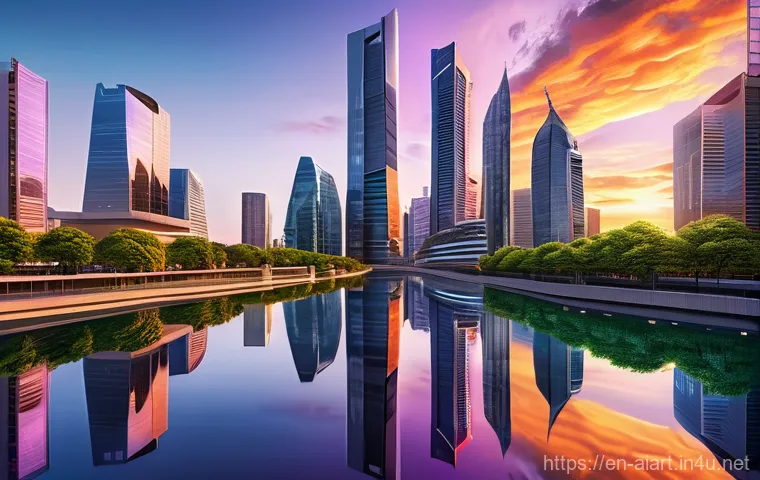 AI 예술과 AI 기반 풍경화 - **Prompt 1: "A breathtaking, futuristic city vista at sunset.** Towering, shimmering skyscrapers mad...