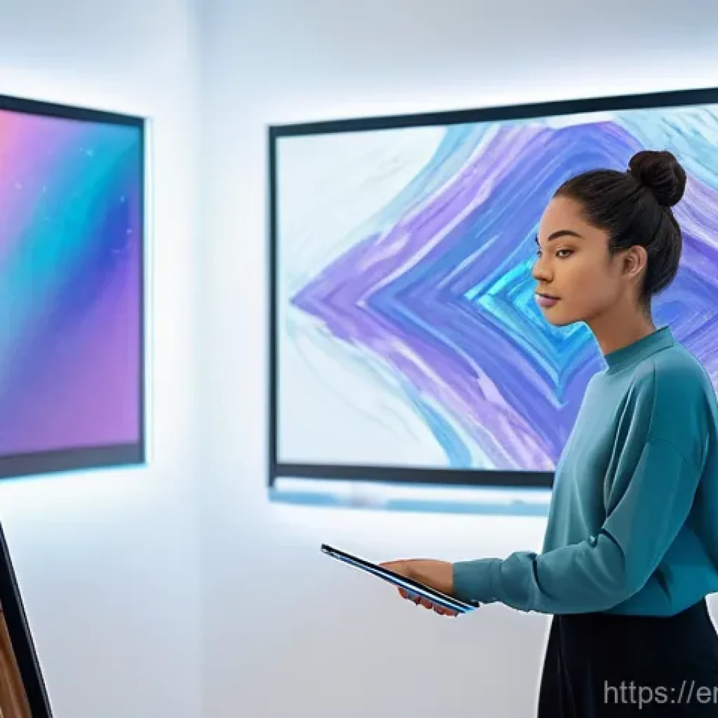 AI 예술과 퍼포먼스 아트 - **Prompt:** A young female artist, wearing a stylish but modest long-sleeved top and high-waisted tr...