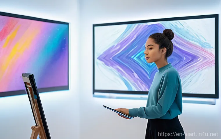 AI 예술과 퍼포먼스 아트 - **Prompt:** A young female artist, wearing a stylish but modest long-sleeved top and high-waisted tr...