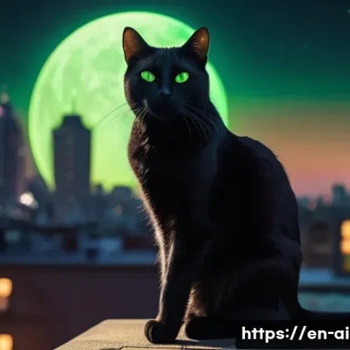 Home 26 MidJourney 튜토리얼 - A sleek black cat with glowing green eyes perched gracefully on a moonlit rooftop, surrounded by sof...