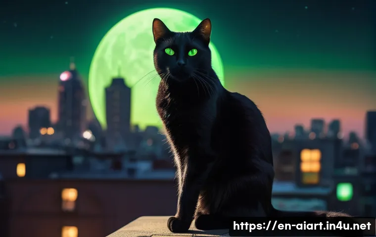 MidJourney 튜토리얼 - A sleek black cat with glowing green eyes perched gracefully on a moonlit rooftop, surrounded by sof...
