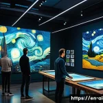 Home 19 AI 예술과 음악 시각화 - A futuristic AI art studio scene featuring a diverse group of artists collaborating with advanced AI...