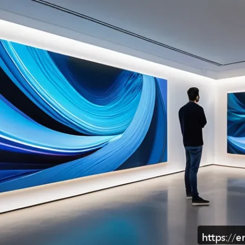 Home 28 AI 예술과 공간 디자인 - A futuristic art gallery interior where AI-powered dynamic visual installations respond to visitors’...
