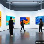 Home 21 AI 아트 전시회 - A futuristic art gallery interior showcasing interactive AI-generated artworks, featuring vibrant ab...