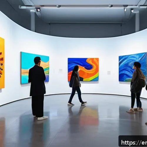 Home 15 AI 아트 전시회 - A futuristic art gallery interior showcasing interactive AI-generated artworks, featuring vibrant ab...