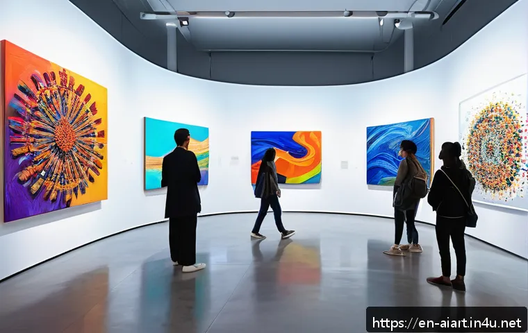 AI 아트 전시회 - A futuristic art gallery interior showcasing interactive AI-generated artworks, featuring vibrant ab...