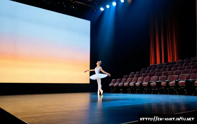 AI 예술과 공연예술 - Photorealistic contemporary theater stage during rehearsal, a graceful ballet dancer in modest perfo...
