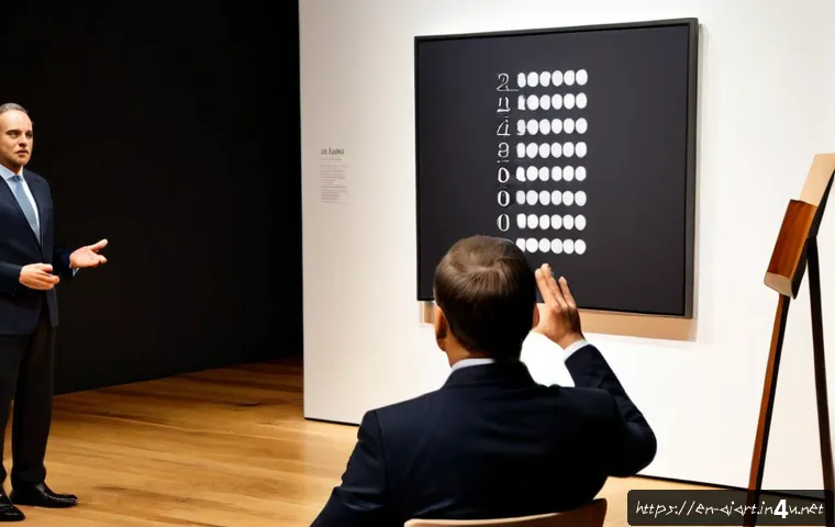 AI 아트 경매 - Photorealistic contemporary art auction in a refined New York gallery, a striking AI-generated abstr...