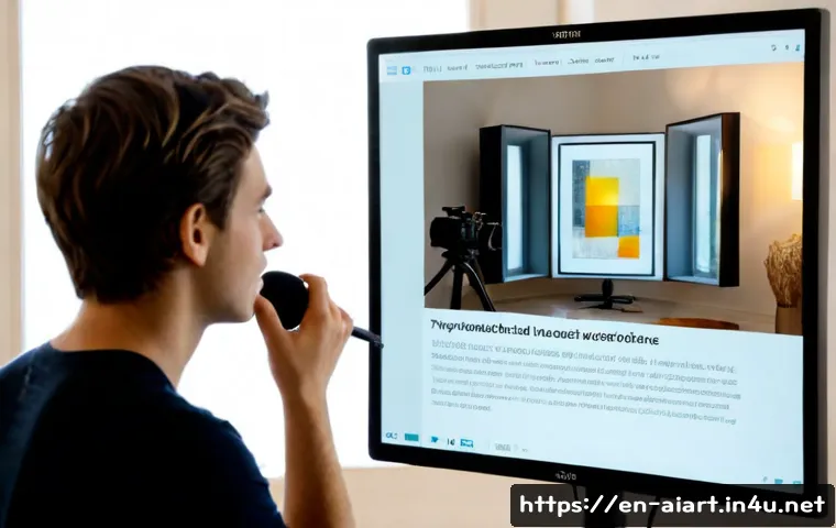 Home 17 AI 예술가 인터뷰 - Photorealistic editorial interview in a sunlit contemporary art studio, a thoughtful digital artist ...
