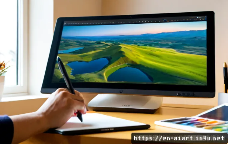 AI 예술과 AI 기반 캐릭터 애니메이션 - Photorealistic creative studio scene, an adult digital artist using a stylus tablet beside a large m...